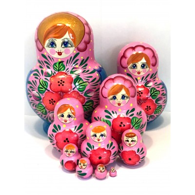 1128 - Pink and Blue Floral Matryoshka Russian Nesting Dolls