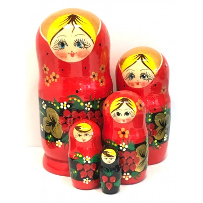 1245 - Black and Red Floral Matryoshka Russian Nesting Doll