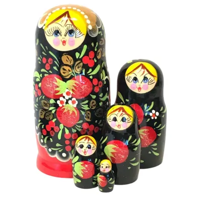 1271 - Matriochka Poupées Russes Motif Fraises Rouge et Noir 1271 - Matriochka Poupées Russes Motif Fraises Rouge et Noir