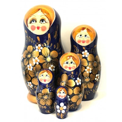 1347 - Blue and Gold Floral Matryoshka Russian Nesting Dolls