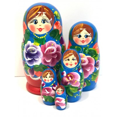 1388 - Blue and Red Floral Matryoshka Russian Nesting Doll