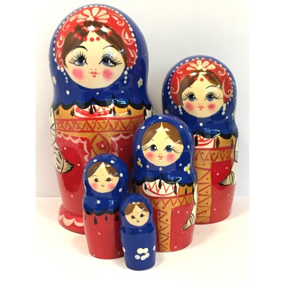 1417 - Blue and Red Floral Matryoshka Russian Nesting Doll