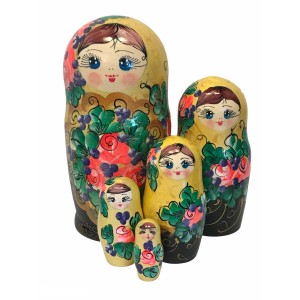 1434 - Yellow and Black Floral Matryoshka Russian Nesting Dolls