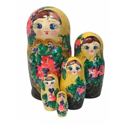 1434 - Yellow and Black Floral Matryoshka Russian Nesting Dolls