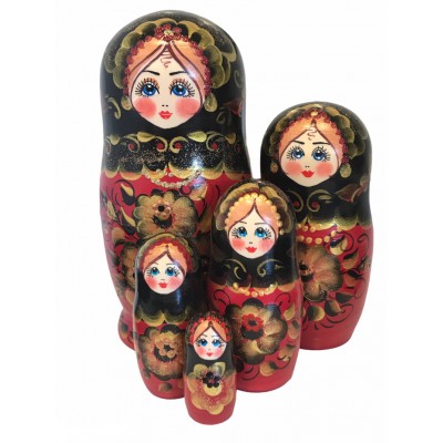 1456 - Red and Black Floral Matryoshka Russian Nesting Dolls