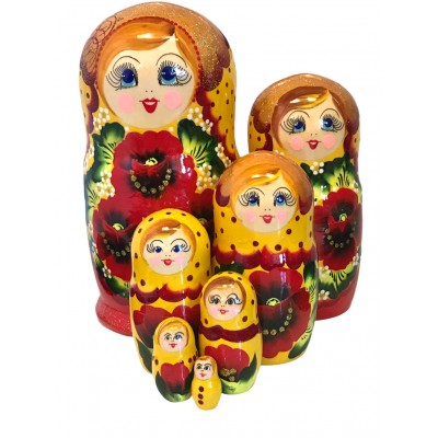 1579 - Yellow and Red Floral Matryoshka Russian Nesting Dolls