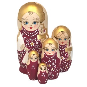 1621 - Burgundy Woodburned Matryoshka Russian Nesting Dolls