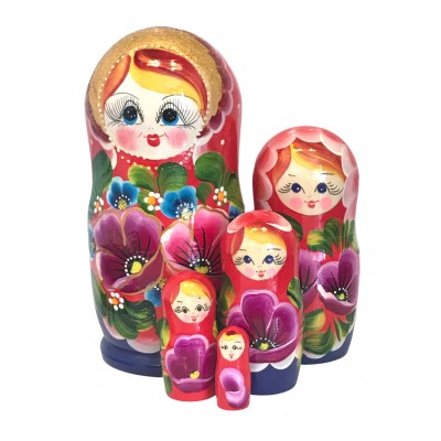 1623 - Red and Blue Floral Matryoshka Russian Nesting Dolls