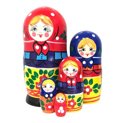 1627 - Matriochka Poupées Russes Motif Floral Rouge et Bleu