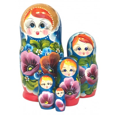 1628 - Red and Blue Floral Matryoshka Russian Nesting Dolls