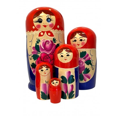 1635 - Red and Blue Floral Matryoshka Russian Nesting Dolls