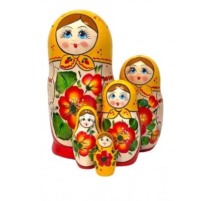 1641 - Yellow and Red Floral Matryoshka Russian Nesting Dolls