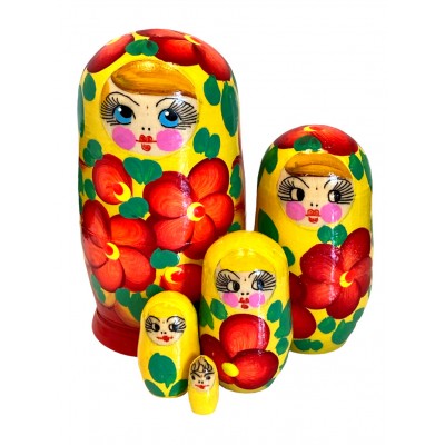 1657 - Yellow and Red Floral Matryoshka Russian Nesting Dolls