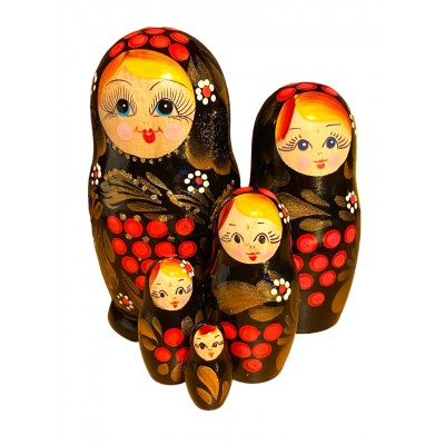 1727 - Matryoshka Russian Nesting Dolls Black with Cherries