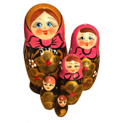1732 - Pink and Black Floral Matryoshka Russian Nesting Dolls