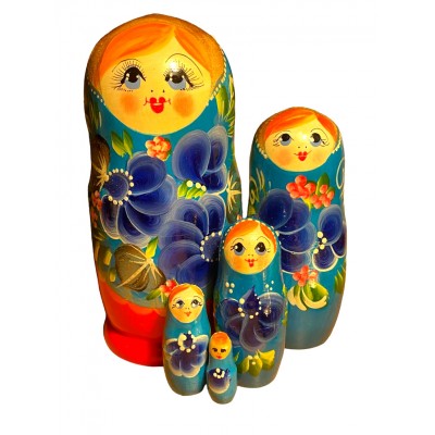 1738 - Red and Blue Floral Matryoshka Russian Nesting Dolls