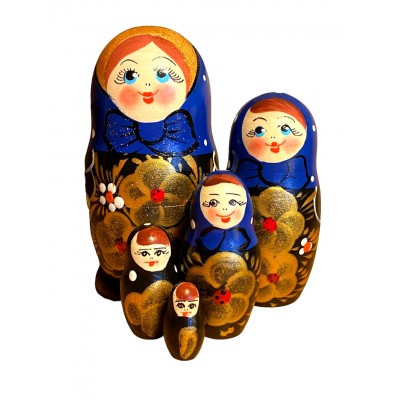 1745 - Black and Blue Floral Matryoshka Russian Nesting Dolls
