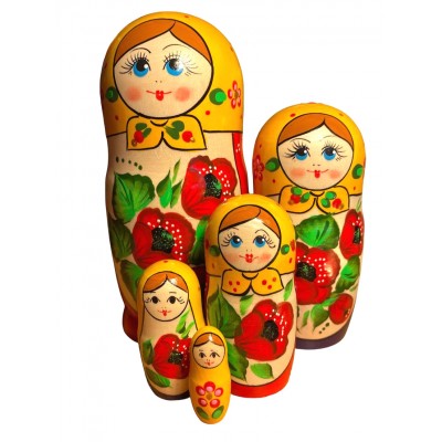 1749 - Yellow and Red Floral Matryoshka Russian Nesting Dolls