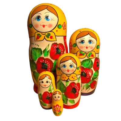 1749  - Matriochka Poupées Russes Motif Floral Rouge et Jaune