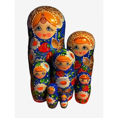 1760 - Matryoshka Russian Nesting Dolls Red and Blue with Strawberries