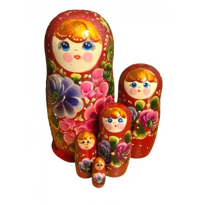 1768 - Red and Pink Floral Matryoshka Russian Nesting Dolls