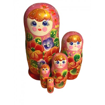 1773 - Red and Pink Floral Matryoshka Russian Nesting Dolls