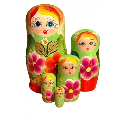 1787 - Red and Green Floral Matryoshka Russian Nesting Dolls