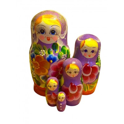 1791 - Red and Lilac Floral Matryoshka Russian Nesting Dolls