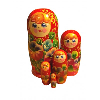 1793 - Red and Pink Floral Matryoshka Russian Nesting Dolls