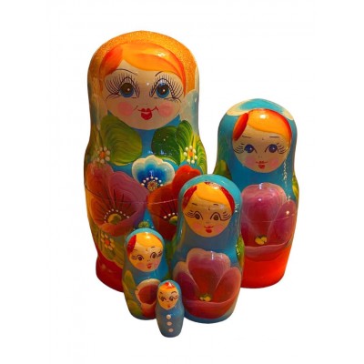 1794 - Red and Blue Floral Matryoshka Russian Nesting Dolls
