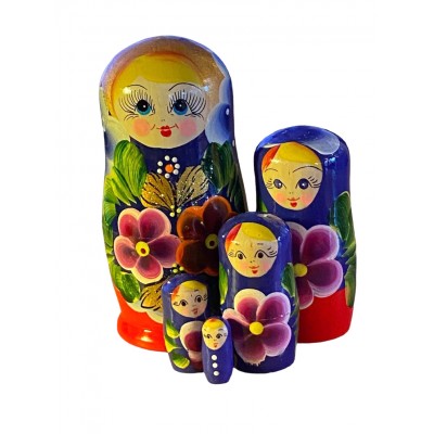 1800 - Red and Blue Floral Matryoshka Russian Nesting Dolls