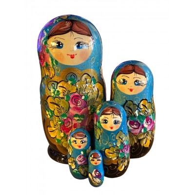 1809 - Black and Blue Floral Matryoshka Russian Nesting Dolls