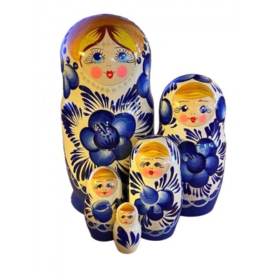 1810 - Blue and White Floral Matryoshka Russian Nesting Doll