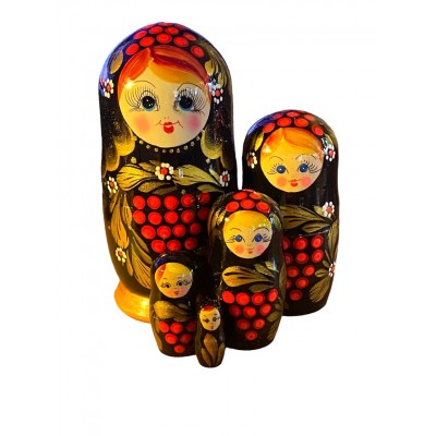 1814 - Matryoshka Russian Nesting Dolls Black with Cherries