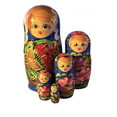 1817 - Matryoshka Russian Nesting Dolls Blue with Strawberries
