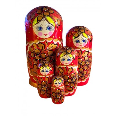 1833 - Red and Gold Floral Matryoshka Russian Nesting Dolls
