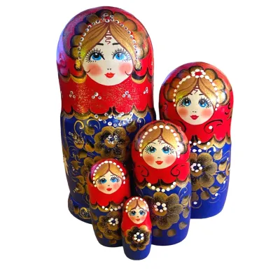 1837 - Matriochka Poupées Russes Motif Floral Rouge et Bleu