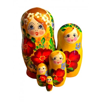 1848 - Yellow and Red Floral Matryoshka Russian Nesting Dolls