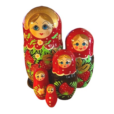 1863 - Matryoshka Russian Nesting Dolls Red and Black with Strawberries