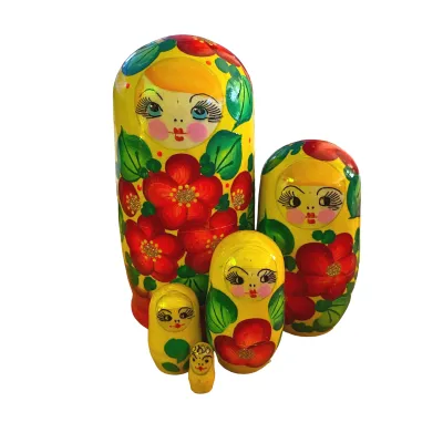 1875 - Matriochka Poupées Russes Motif Floral Rouge et Jaune