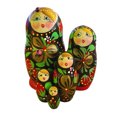 1876 - Matryoshka Russian Nesting Dolls Red and Black with Strawberries