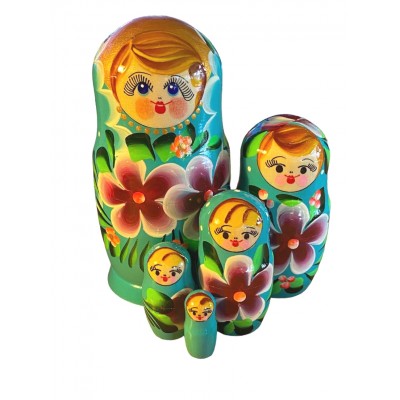 1890 - Turquoise Floral Matryoshka Russian Nesting Dolls