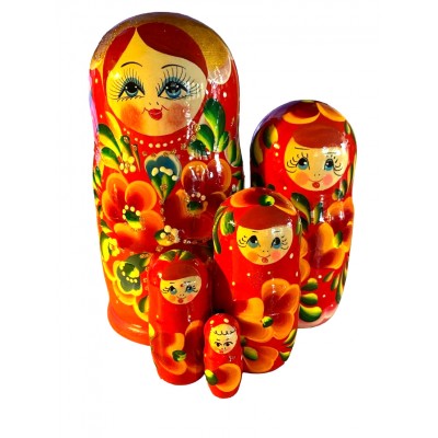 1904 - Red and Pink Floral Matryoshka Russian Nesting Dolls