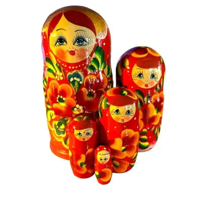 1904 - Matriochka Poupées Russes Motif Floral Rouge et Rose
