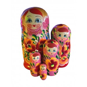 1905 - Pink and Red Floral Matryoshka Russian Nesting Dolls