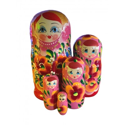 1905 - Pink and Red Floral Matryoshka Russian Nesting Dolls