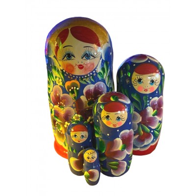 1908 - Red and Blue Floral Matryoshka Russian Nesting Dolls