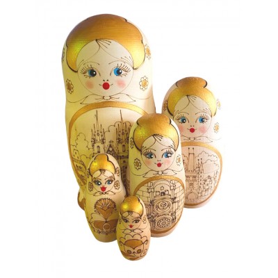 1916 - Woodburned Prague Matryoshka Russian Nesting Dolls