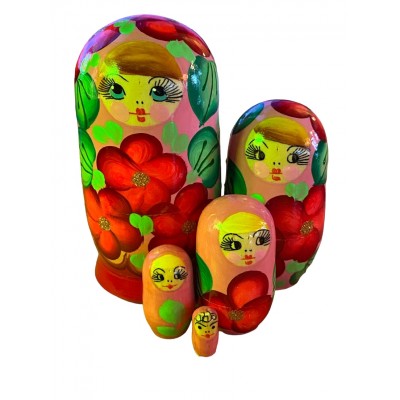 1919 - Red and Pink Floral Matryoshka Russian Nesting Dolls