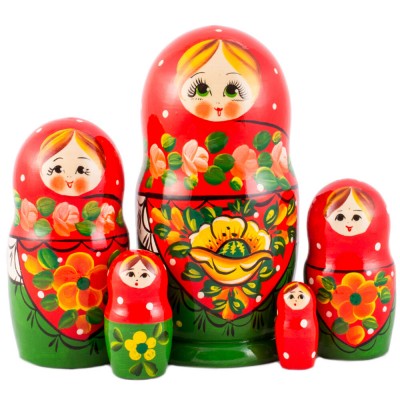 1925 - Red and Green Floral Matryoshka Russian Nesting Dolls